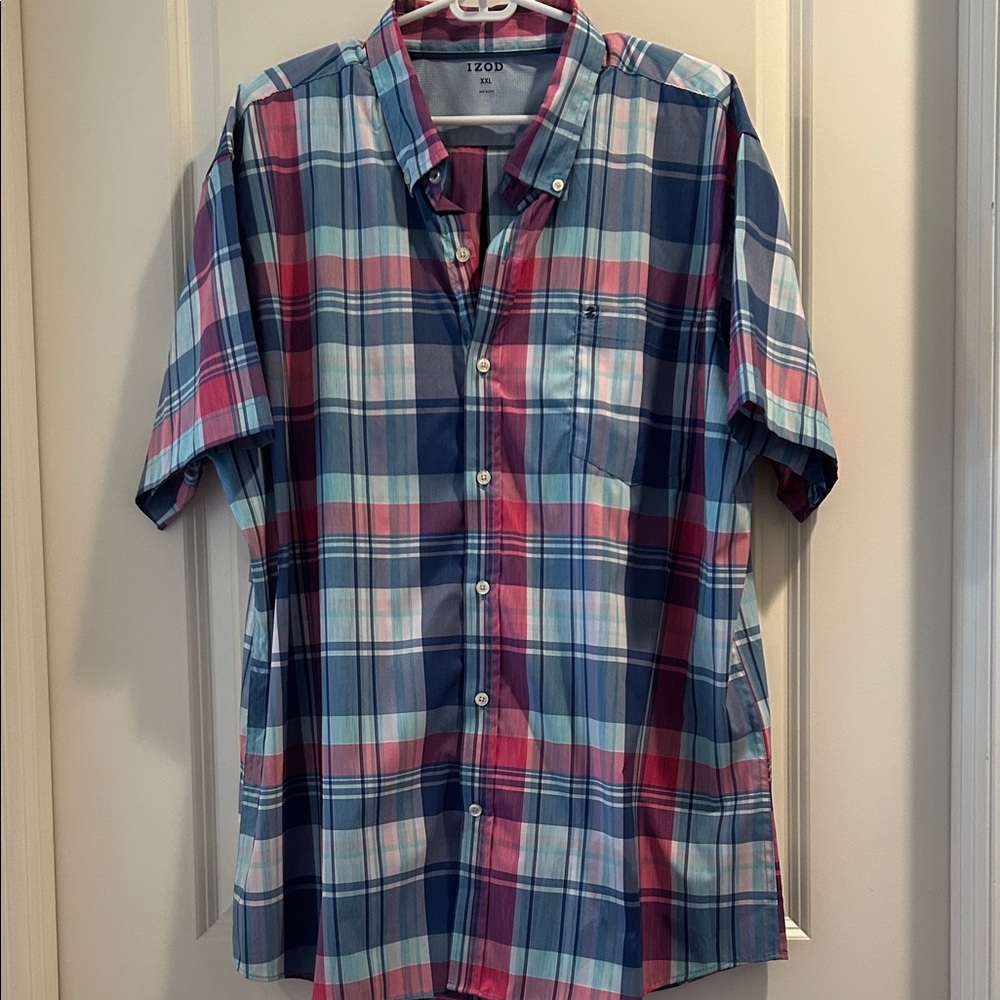 Izod Men's Multicolor Plaid Button Down Shirt short sleeves pocket size XXL